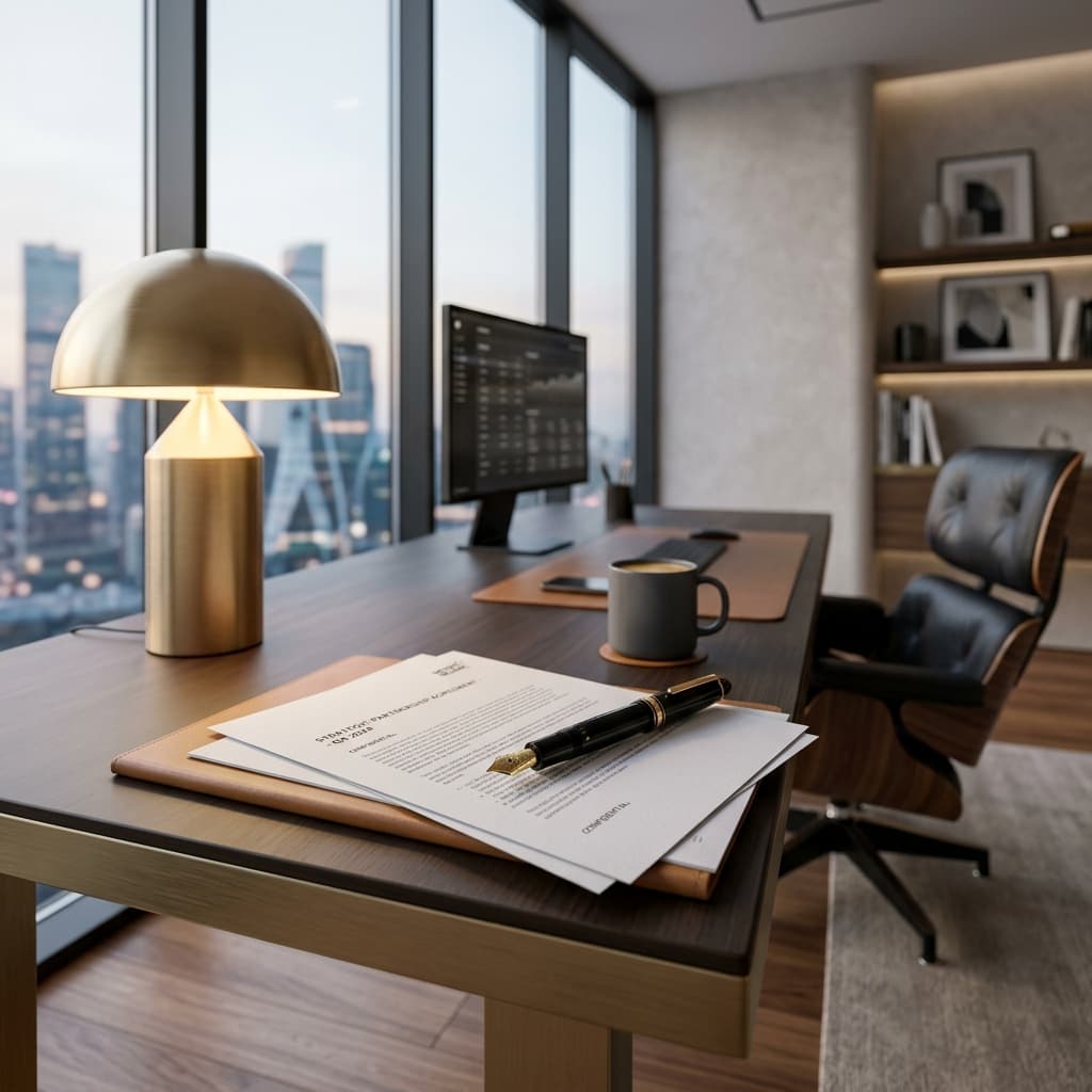 Escritório executivo minimalista com iluminação natural.