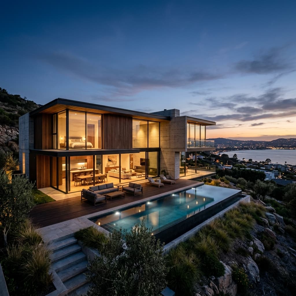 Arquitetura minimalista de alto padrão ao pôr do sol.